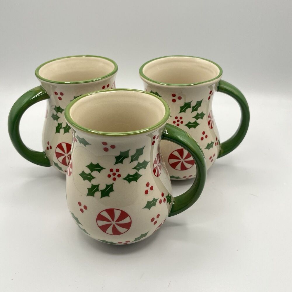TEMPTATIONS By Tara Peppermint & Holly Christmas Coffee Mug Cup 16oz. - Set Of 3